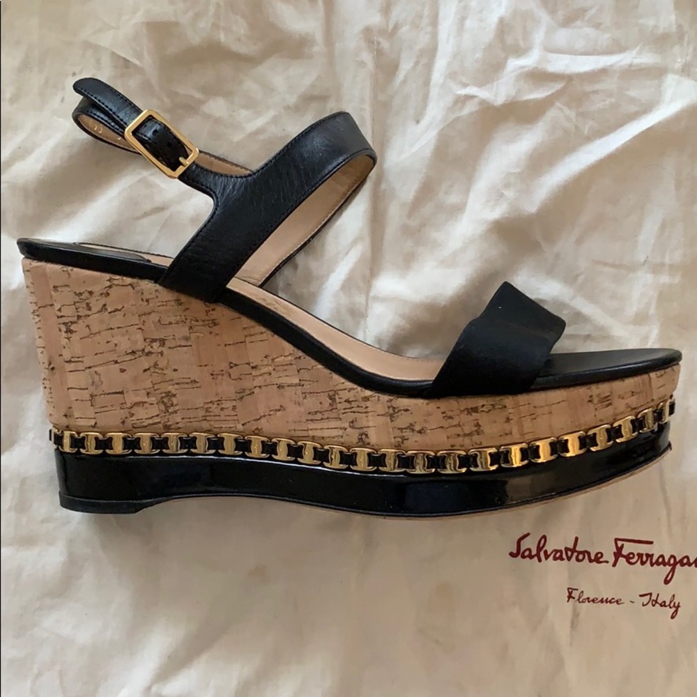 Salvatore Ferragamo black wedge sandals, size 9 39